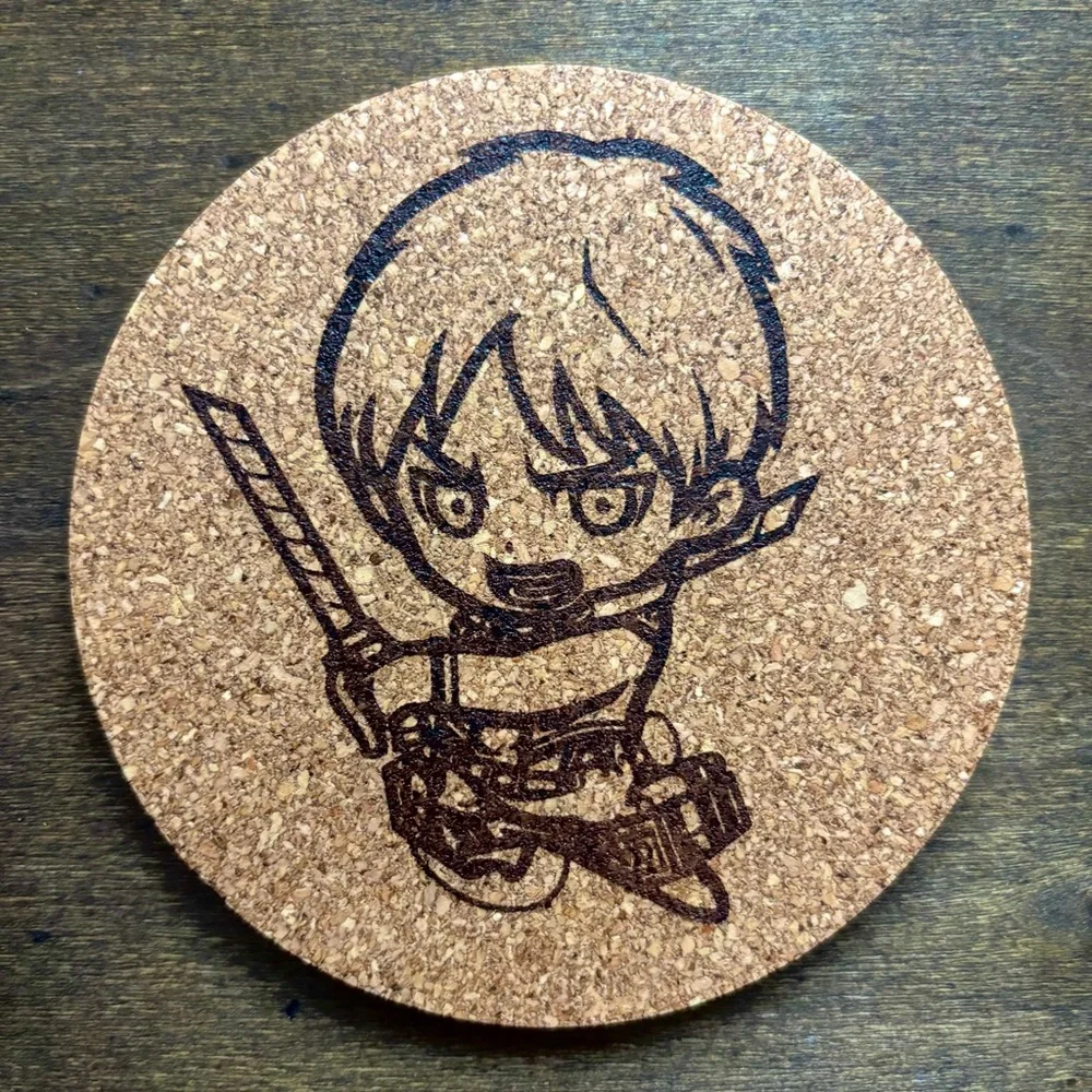Attack On Titan Eren Yeager Chibi Style Laser Engraved Cork Coaster